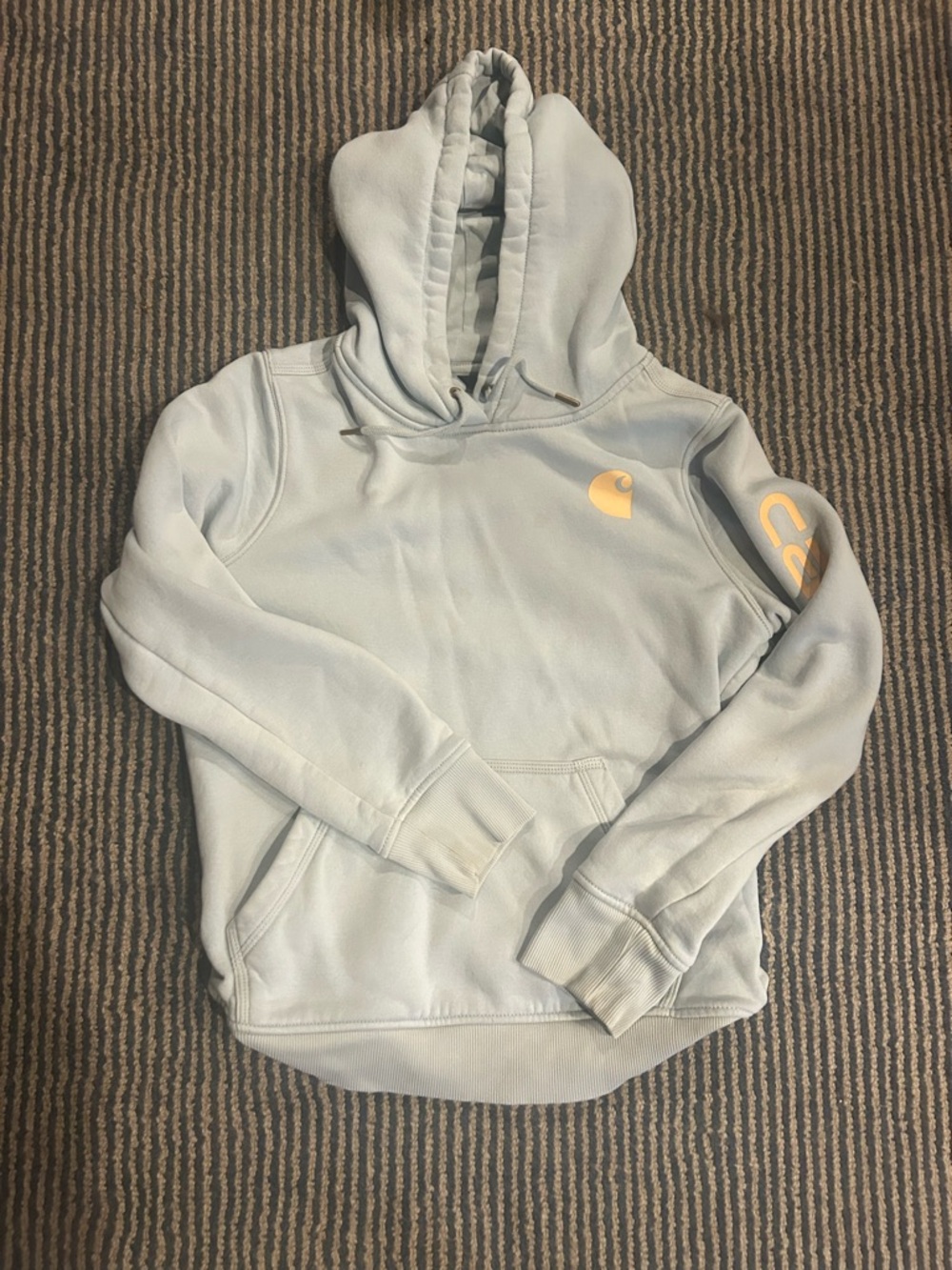 Carhartt Pale Blue Pullover Hoodie with Yellow Logo Accents